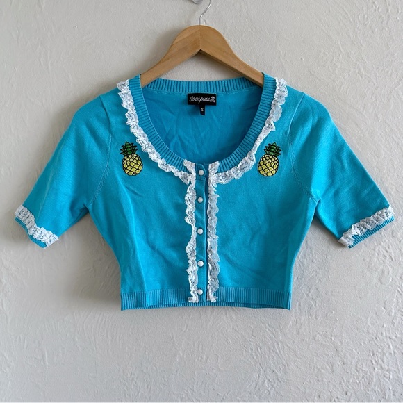 Sourpuss Clothing Pina Colada Bella Blue Crop Cardigan Size S - Picture 1 of 6